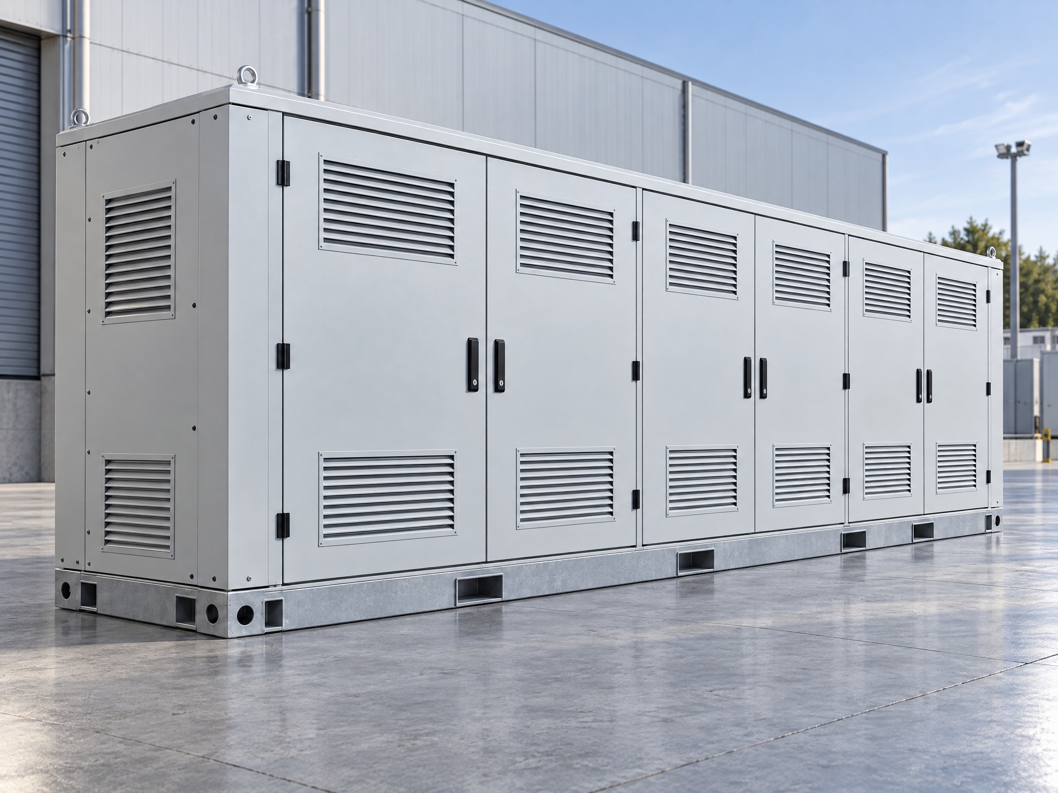 Long fabricated BESS container enclosure with access panels