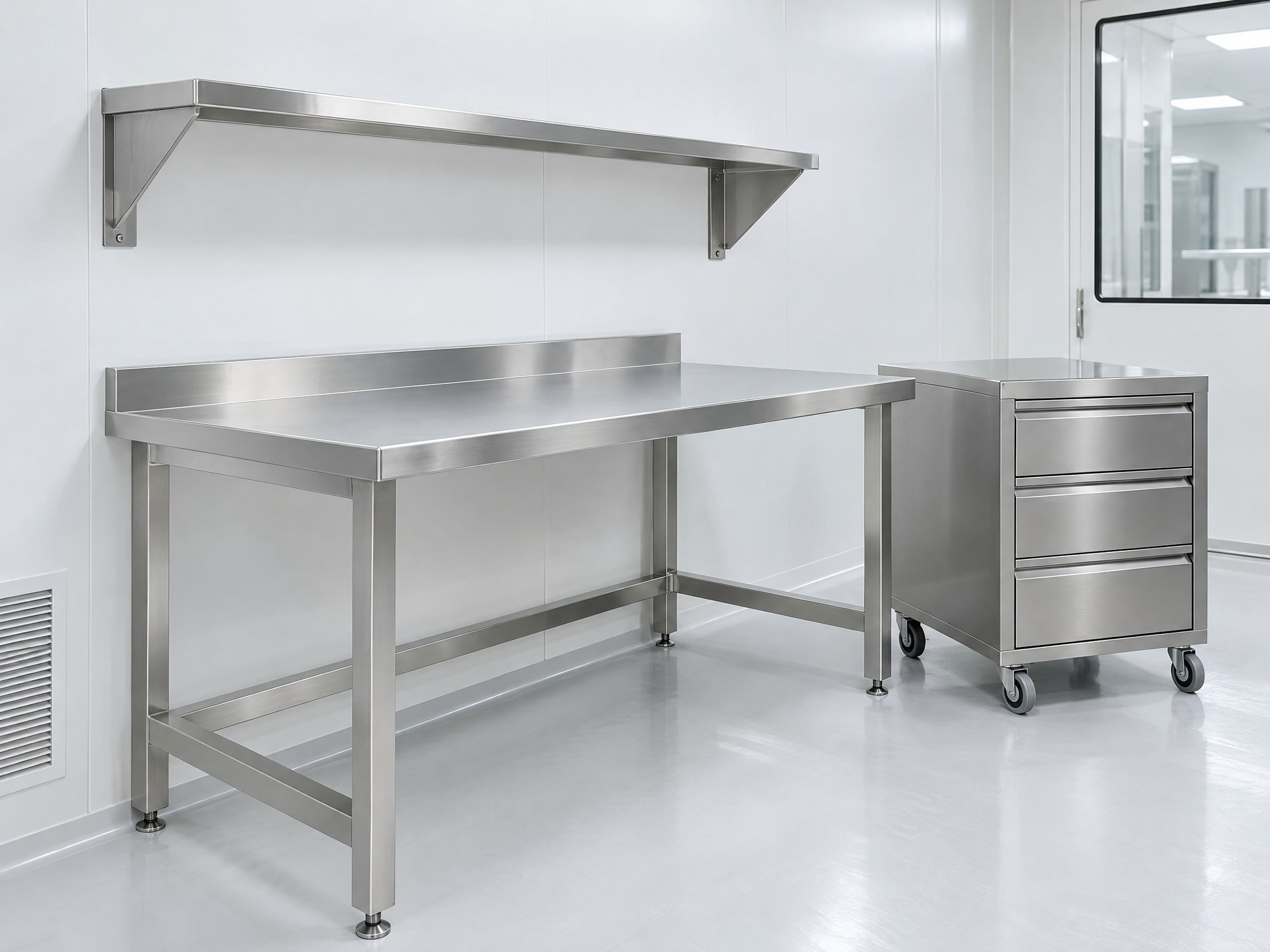 Fabricated cleanroom furniture with stainless-steel work table and storage