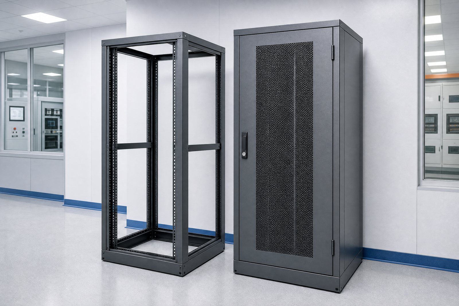 Powder-coated equipment panel racks